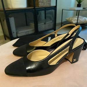 100% Authentic CHANEL Cap Toe CC Logo Slingback Sandals Black on Black